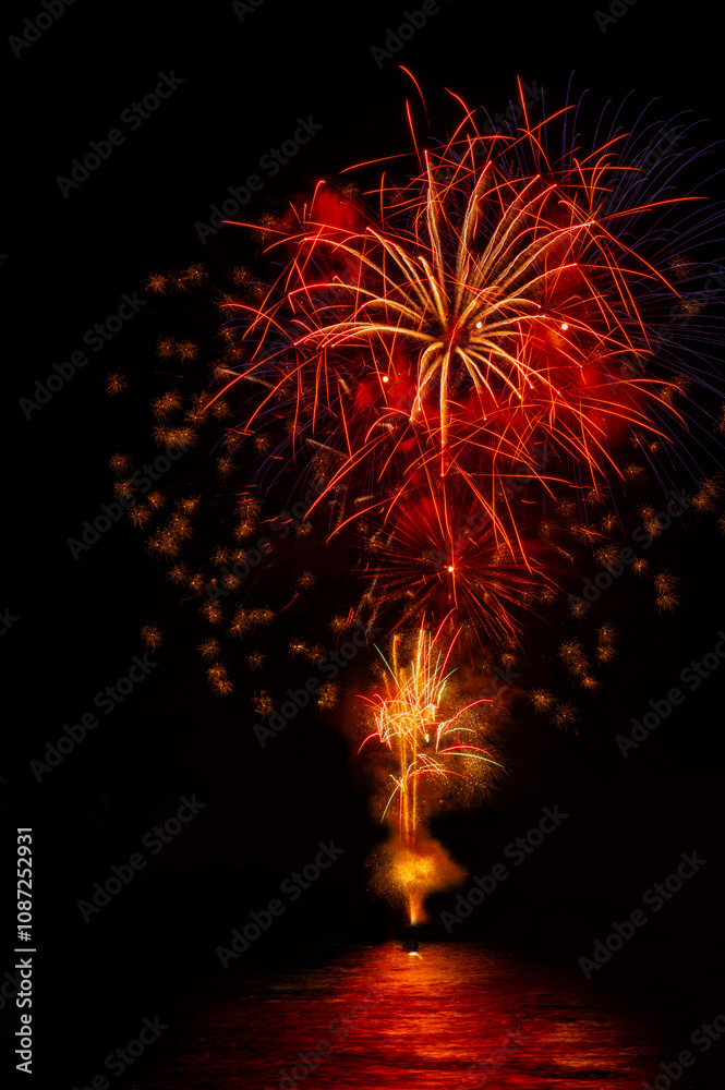 colourful firework display set for celebration happy new year and merry christmas and fireworks on black background