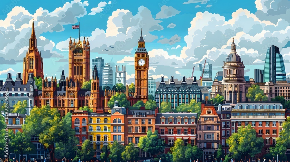 Fototapeta premium Iconic landmarks reimagined in cartoon style. AI generated