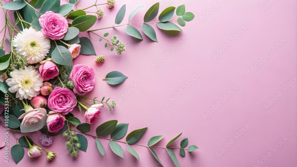 Fototapeta premium Elegant Floral Arrangement with Pink Roses and Green Greenery on a Soft Pink Background