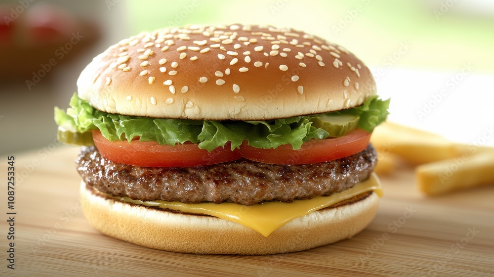 Juicy cheeseburger with fresh lettuce, tomato, and pickles on a wooden cutting board Juicy cheeseburger with fresh lettuce, tomato, and pickles on a wooden cutting board