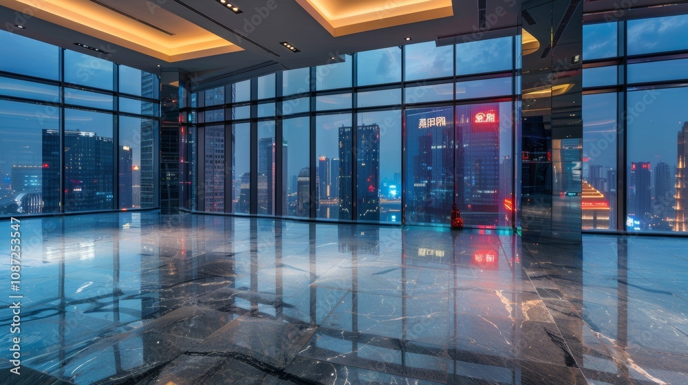 Fototapeta premium Empty square floor with city skyline background, Futuristic city vista from above, aerial perspective of urban dynamics