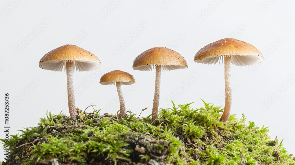 Fototapeta premium A Captivating Glimpse into the Mycological Realm: Mushrooms on Moss, a Study in Natural Harmony and Delicate Beauty