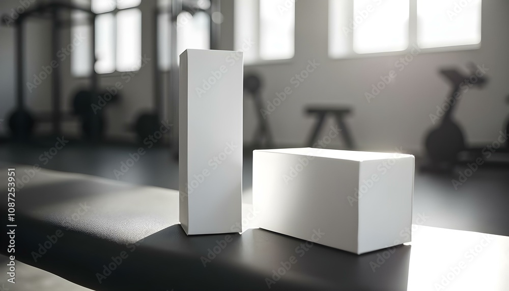 Minimalist skincare packaging in gym with soft natural lighting Minimalist skincare packaging in gym with soft natural lighting