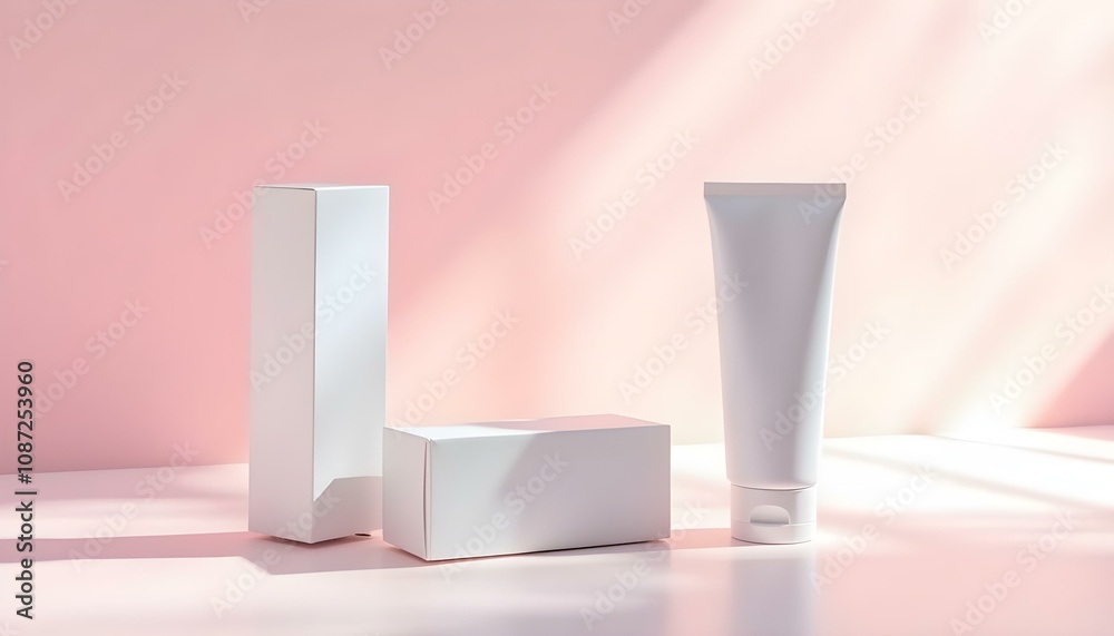 Minimalist skincare set on pink background with soft light shadows Minimalist skincare set on pink background with soft light shadows