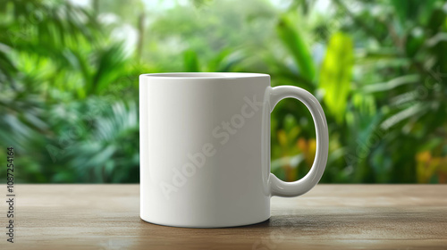 Plain White Ceramic Mug Mock Up On Wooden Table With Blurred Green Nature Background. Ceramic Mug Template Mockup photo