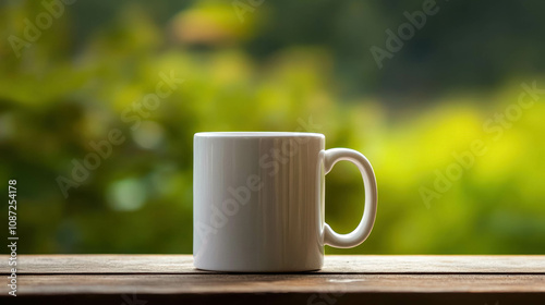 Plain White Ceramic Mug Mock Up On Wooden Table With Blurred Green Nature Background. Ceramic Mug Template Mockup