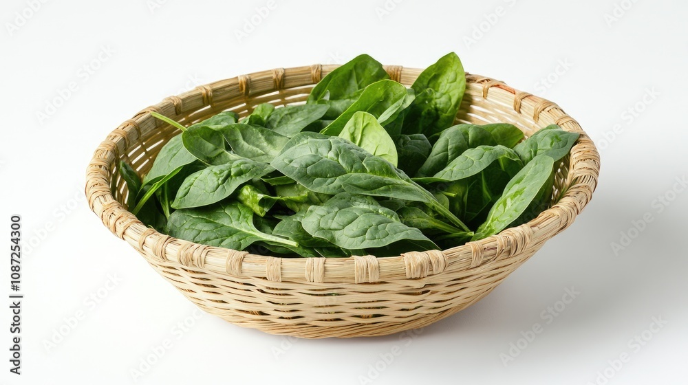 Fresh organic spinach leaves in a basket, perfect for nutritious leafy green salads and healthy meals. Fresh organic spinach leaves in a basket, perfect for nutritious leafy green salads and healthy meals.