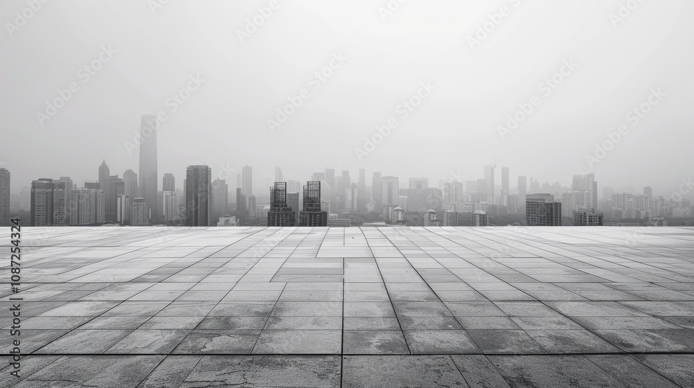 Fototapeta premium Empty square floor with city skyline background, Cosmopolitan cityscape in twilight, twilight hour over the urban jungle