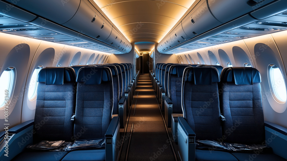 Empty modern airplane cabin with two aisles and blue upholstered seats, illuminated by soft interior lighting, showing overhead compartments and large windows on both sides. Empty modern airplane cabin with two aisles and blue upholstered seats, illuminated by soft interior lighting, showing overhead compartments and large windows on both sides.