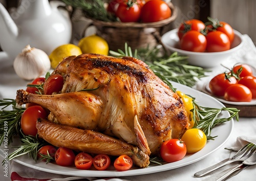 Delicious roasted turkey with rosemary, tomatoes, garlic, and lemon on white plate.