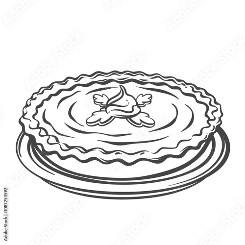 Pumpkin pie outline vector illustration. Hand drawn whole sweet cake with pumpkin custard filling, whipped cream and shortbread crust, engraved homemade baked dessert and symbol of autumn harvest