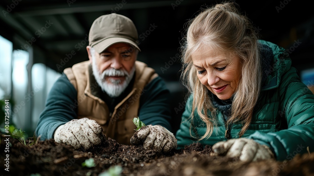 An elderly couple, each donned in warm garments, enjoys gardening as they carefully tend to small plants in soil, reflecting companionship and love for nature and life.