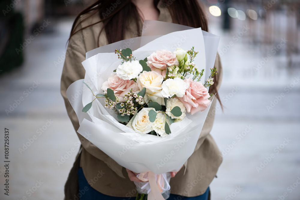 custom made wallpaper toronto digitalYoung woman holding big and beautiful flower bouquet of fresh roses, carnations, freesia, eucalyptus flowers in pink and white colors, close up view