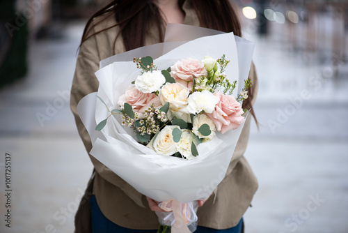 Wallpaper Mural Young woman holding big and beautiful flower bouquet of fresh roses, carnations, freesia, eucalyptus flowers in pink and white colors, close up view Torontodigital.ca