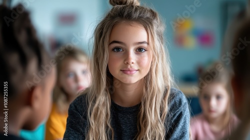A young girl sits attentively in a classroom surrounded by her peers, indicating a vibrant learning environment and highlighting childhood education and curiosity.