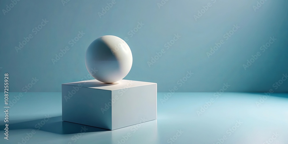 A serene minimalist scene featuring a sphere atop a cube against a pale blue backdrop A serene minimalist scene featuring a sphere atop a cube against a pale blue backdrop