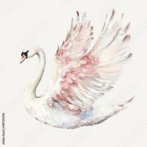 Watercolor illustration of a Swan and Owl on a Beige Background, ideal for a Children's Book Illustration or Nursery Decor photo