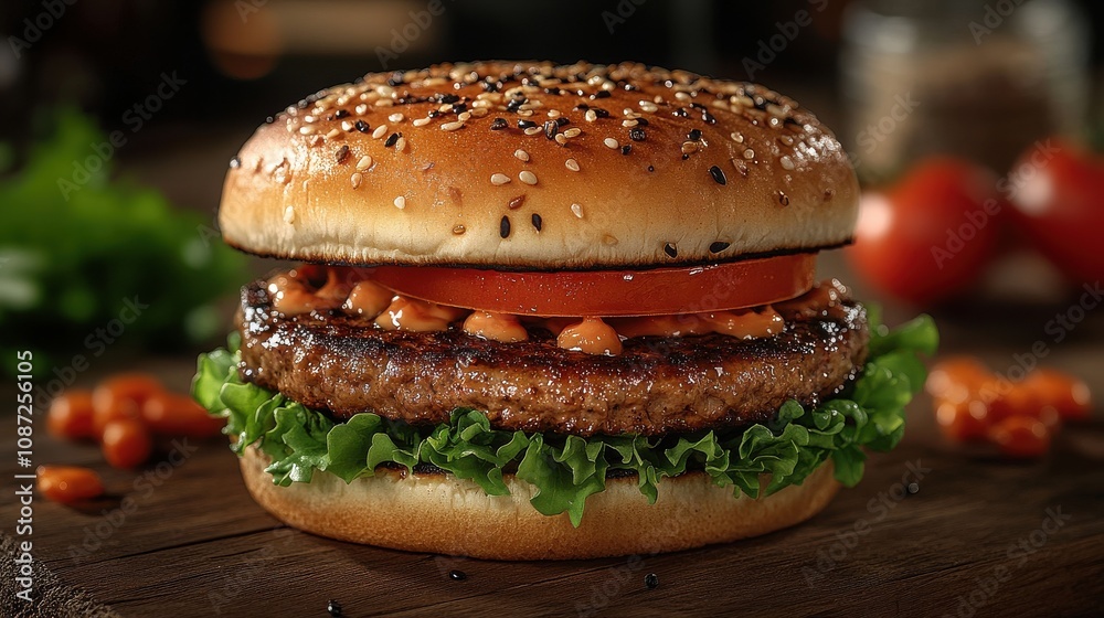 Juicy burger with fresh lettuce, tomato, and savory sauce on a sesame seed bun Juicy burger with fresh lettuce, tomato, and savory sauce on a sesame seed bun