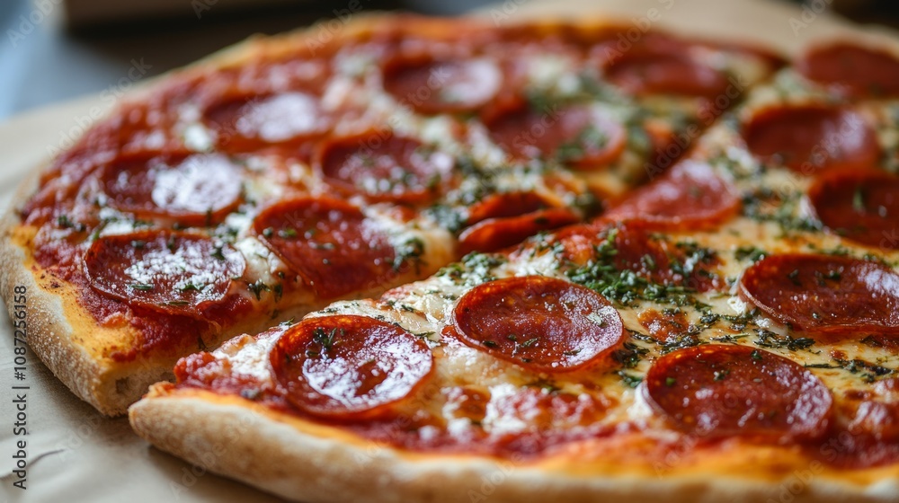 Tasty pepperoni pizza with basil on grey table Tasty pepperoni pizza with basil on grey table
