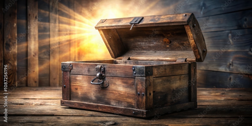 A weathered wooden treasure chest sits open on a rustic plank surface, bathed in warm, ethereal light, revealing the secrets it holds within.