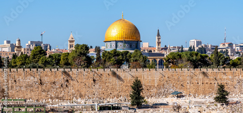 Golden dome of the Al Aqsa Mosque and the Jerusalem skyline as seen from the Mount of Olives