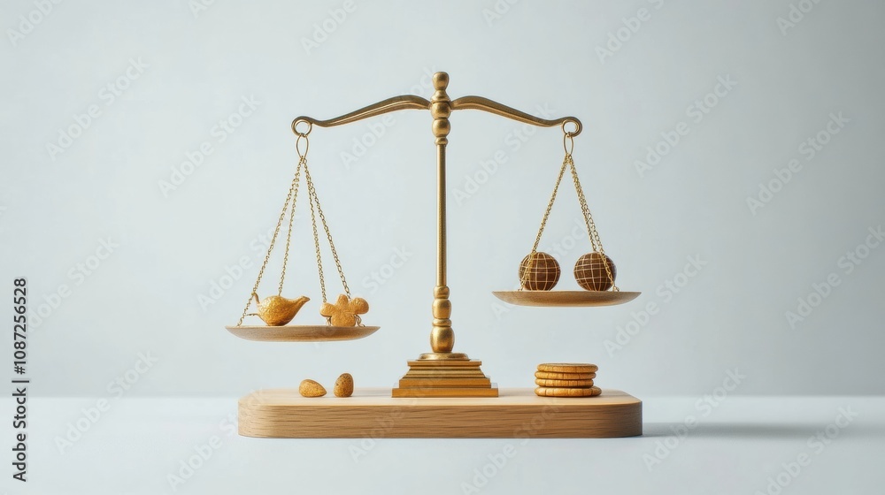 A golden scale displays various snacks on either side, contrasting sweet cookies with savory nuts in a clean, modern environment. Generative AI A golden scale displays various snacks on either side, contrasting sweet cookies with savory nuts in a clean, modern environment. Generative AI