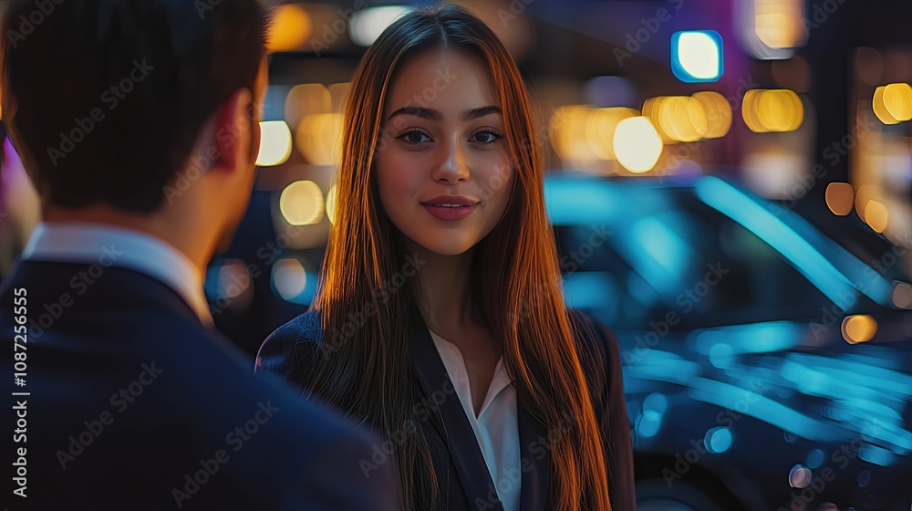 Woman in Business Attire Stands Near a Car at Night Woman in Business Attire Stands Near a Car at Night