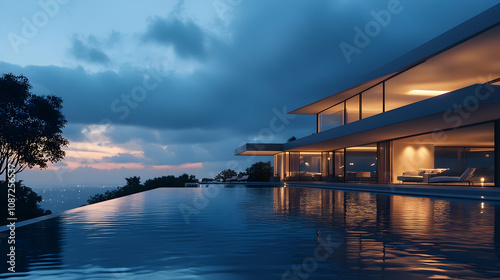  Evening photo of a modern villa with infinity pool