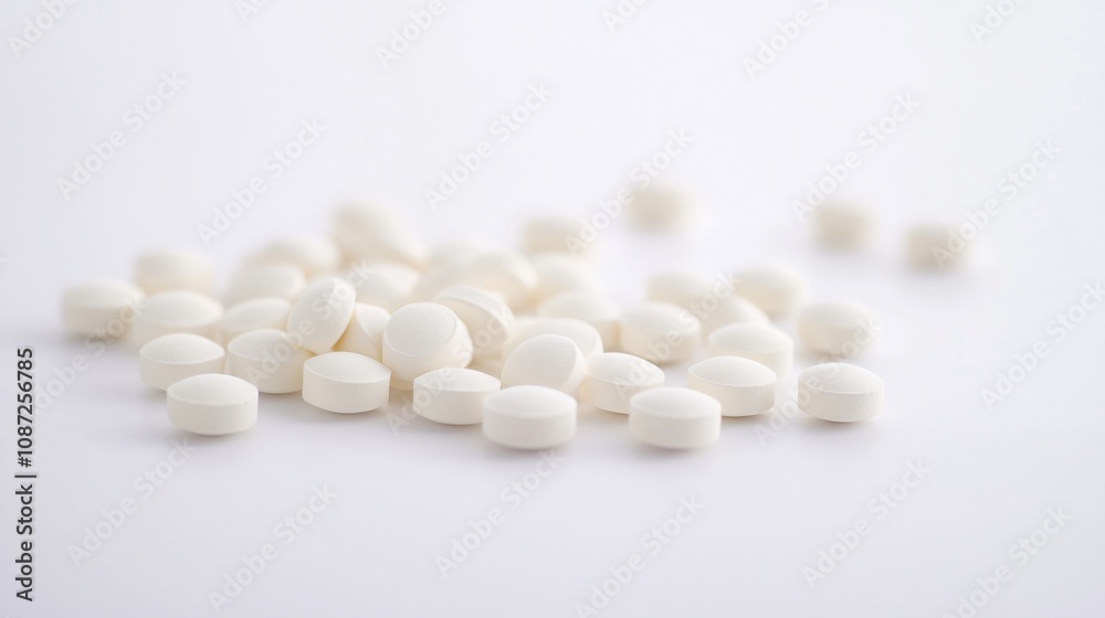 Close-up of white pills on a white background, evoking themes of medicine, health, and wellness. Ideal for medical, pharmaceutical, and healthcare content.