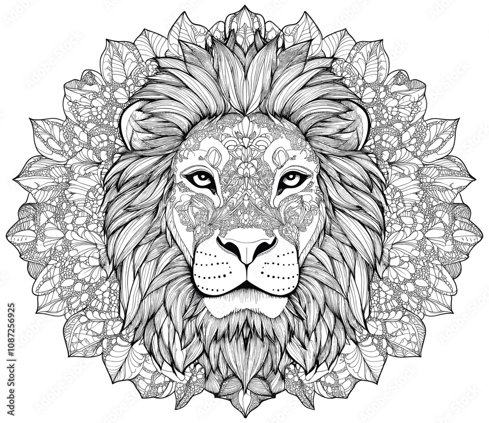 Fototapeta premium Head of a Lion Mandala Pattern Coloring Page for Adults Intricate Lion Illustration Detailed Mandala Design Relaxing Art Activity for Adults Majestic Animal Art Page