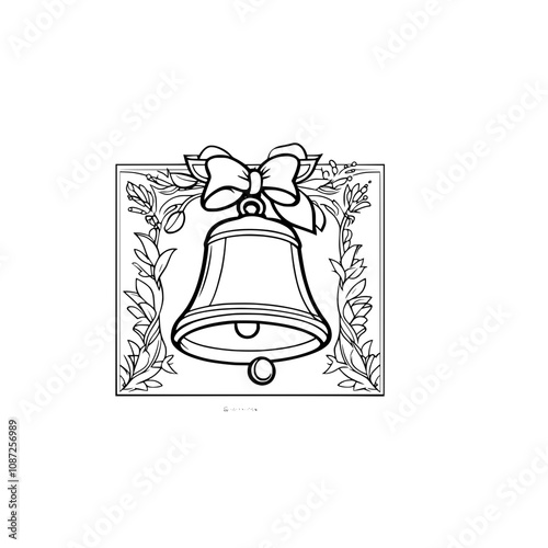 A line drawing of a Christmas bell decorated with a bow and surrounded by floral designs SVG illustration art 