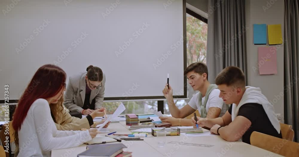 Students and their professor collaborate at a table during class, reviewing exam questions and answers together, fostering understanding and preparation for the upcoming test. Students and their professor collaborate at a table during class, reviewing exam questions and answers together, fostering understanding and preparation for the upcoming test.
