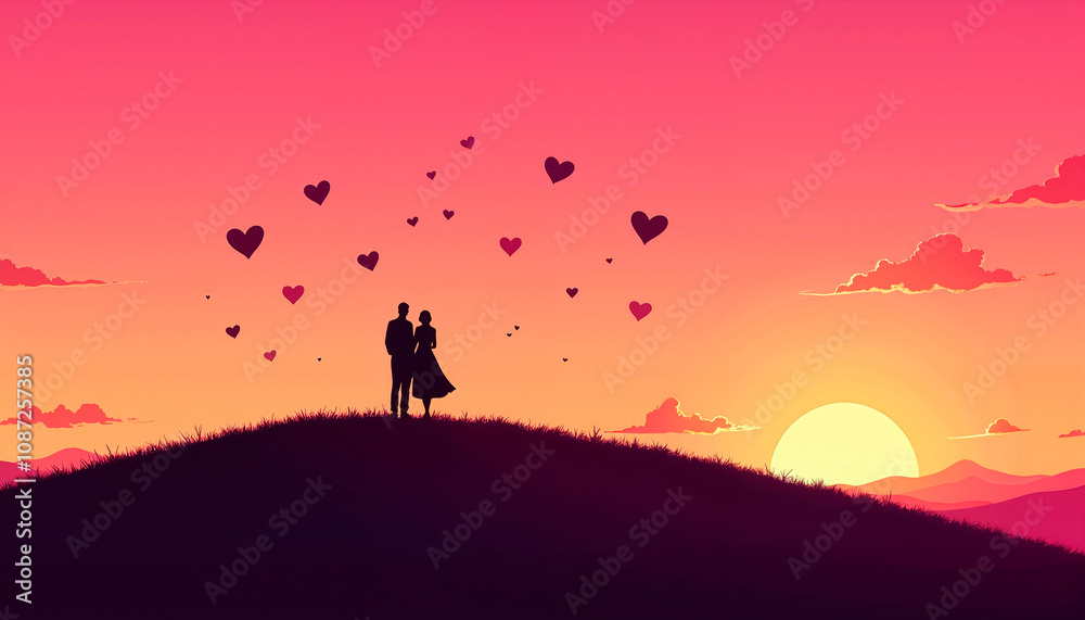 Silhouette of a couple in love against a colorful sunset with hearts in the sky, Valentine’s Day celebration Silhouette of a couple in love against a colorful sunset with hearts in the sky, Valentine’s Day celebration