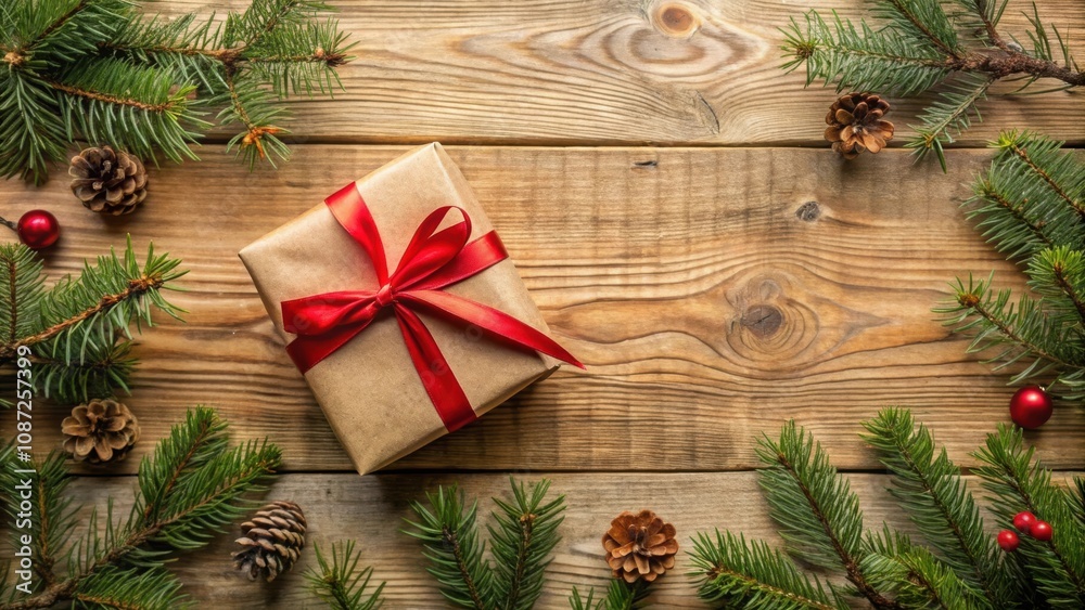 A Rustic Christmas Gift Wrapped in Brown Paper and a Red Bow Surrounded by Evergreen Branches and Pine Cones on a Wooden Surface A Rustic Christmas Gift Wrapped in Brown Paper and a Red Bow Surrounded by Evergreen Branches and Pine Cones on a Wooden Surface