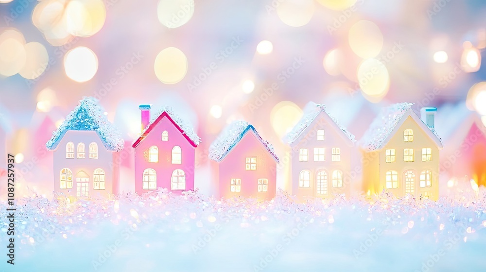 A cute pastel Christmas village scene with colorful houses and soft, glowing lights in a festive display. A cute pastel Christmas village scene with colorful houses and soft, glowing lights in a festive display.