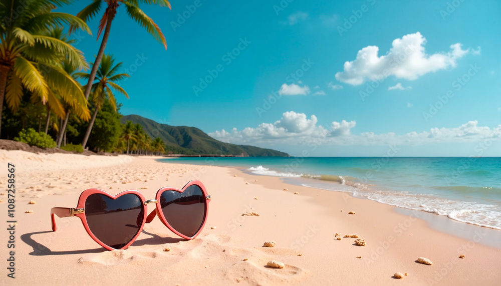 Heart-shaped sunglasses on a beautiful beach with turquoise water and sunny sky, Valentine’s Day celebration Heart-shaped sunglasses on a beautiful beach with turquoise water and sunny sky, Valentine’s Day celebration