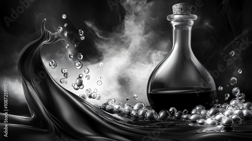 A swirling, dark liquid dances around a glass bottle filled with an inky substance, silver bubbles rising and reflecting the ethereal light. A monochromatic masterpiece blending science and art. photo