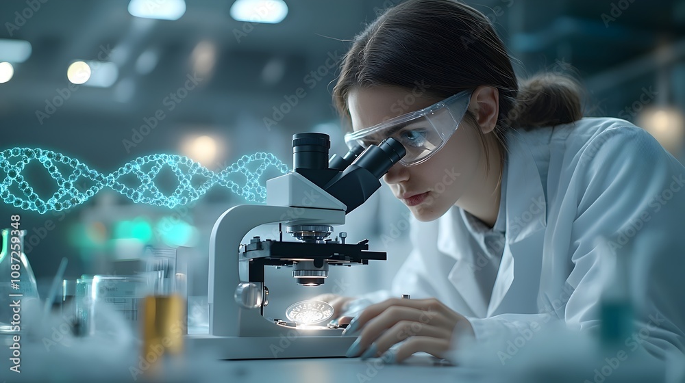 Biotech researcher in white lab coat analyzes DNA samples under high powered microscope surrounded by intricate molecular structures double helix patterns and advanced scientific equipment in a sleek