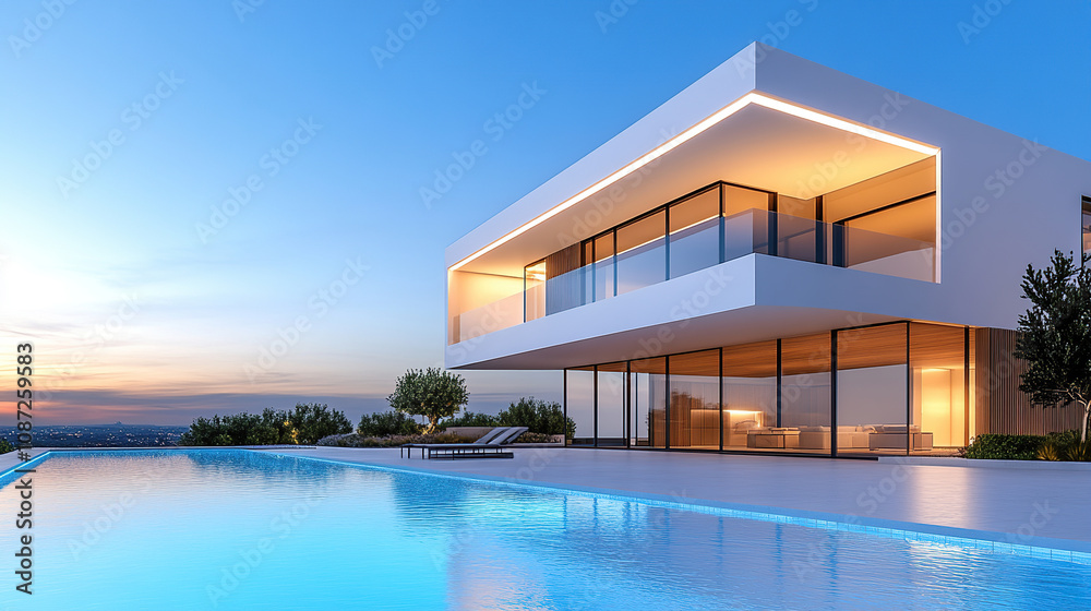 Fototapeta premium Swimming pool next to the cottage. Relaxing vacation concept