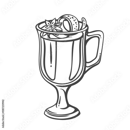 Christmas grog outline vector illustration. Hand drawn hot Xmas drink in glass with handle, star anise decoration and lemon zest spiral, grog with citrus fruit and spices, Christmas market beverage