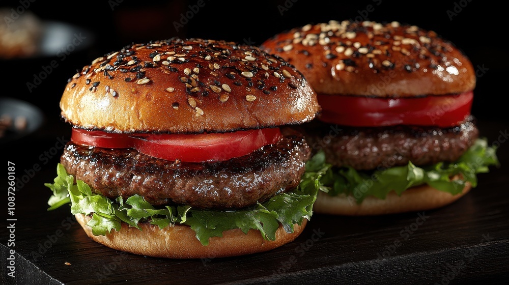 Juicy hamburgers with fresh lettuce and tomatoes on sesame seed buns served on a wooden table Juicy hamburgers with fresh lettuce and tomatoes on sesame seed buns served on a wooden table