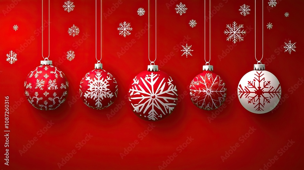 Christmas paper design with a vivid red background, decorated with festive elements like ornaments and snowflakes Christmas paper design with a vivid red background, decorated with festive elements like ornaments and snowflakes