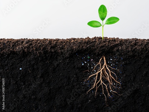 Cross-section of soil showing a green seedling sprouting above ground and its roots extending below, symbolizing growth and nature.