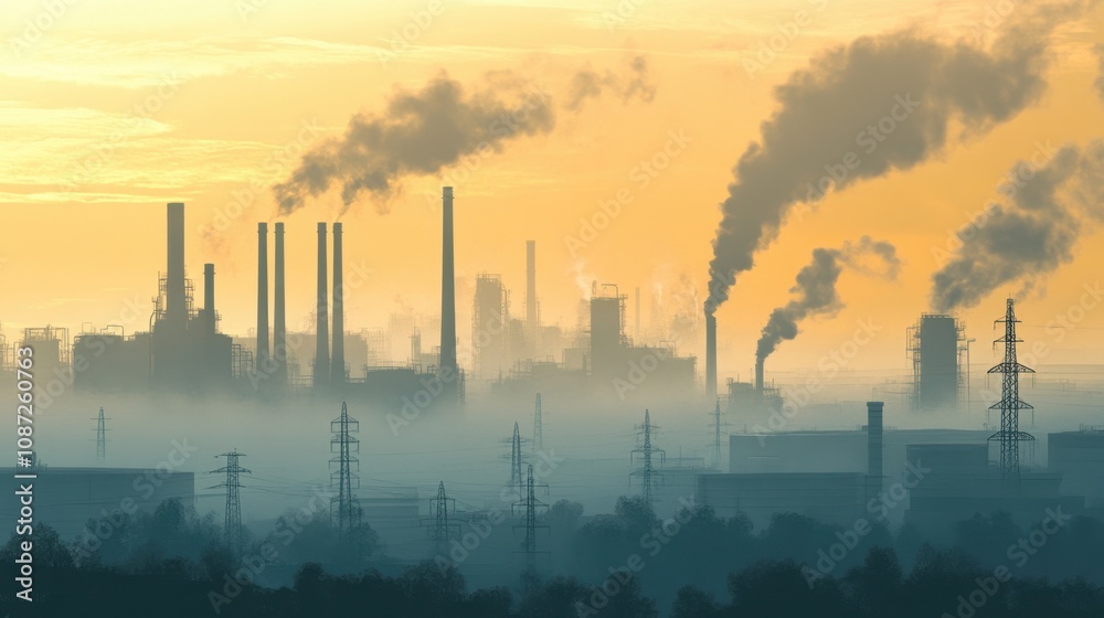 Urban skyline under a layer of thick smog, representing air quality issues and the effects of industrial emissions. Urban skyline under a layer of thick smog, representing air quality issues and the effects of industrial emissions.
