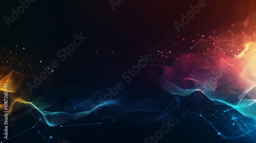 Beautiful abstract tech background on the theme of modern technology development. Bright neon colors and neural lines in space