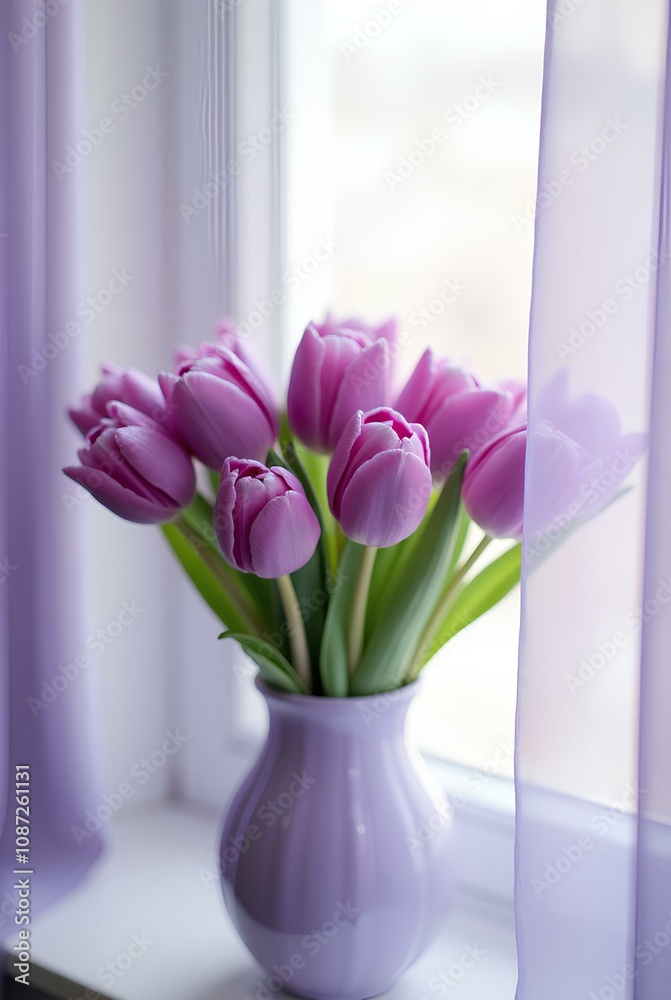 A bouquet of bright purple tulips in a light purple vase on a white windowsill. A lilac curtain is partially visible in the background, through which soft light penetrates. A bouquet of bright purple tulips in a light purple vase on a white windowsill. A lilac curtain is partially visible in the background, through which soft light penetrates.