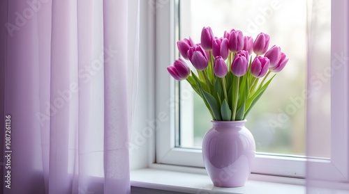  A bouquet of bright purple tulips in a light purple vase on a white windowsill. A lilac curtain is partially visible in the background, through which soft light penetrates. 