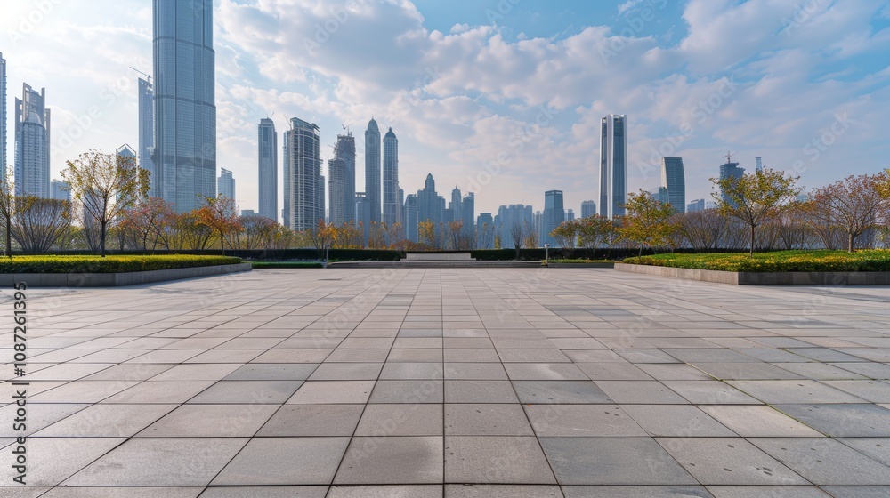 Fototapeta premium Empty square floor with city skyline background, Minimalist cityscape with clean lines, sleek urban design aesthetic
