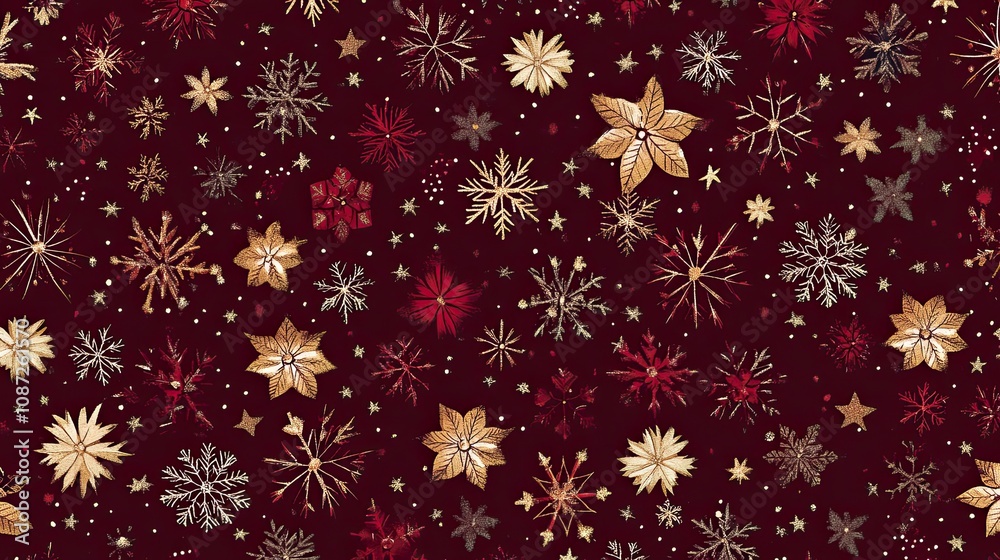 Festive Christmas paper design with a deep red background, adorned with stars, snowflakes, and holiday motifs Festive Christmas paper design with a deep red background, adorned with stars, snowflakes, and holiday motifs
