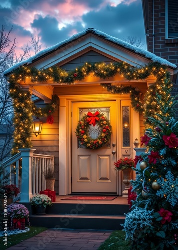 Cozy Christmas porch, warm glowing lights, festive wreath on door, garland decorations, sunset sky, twilight atmosphere, inviting entryway, holiday charm, traditional decor, soft illumination, welcomi